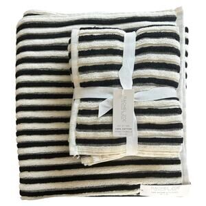 NWT Rachel Zoe Black and Ivory 100% Cotton Hand Towels and Bath Towel Set